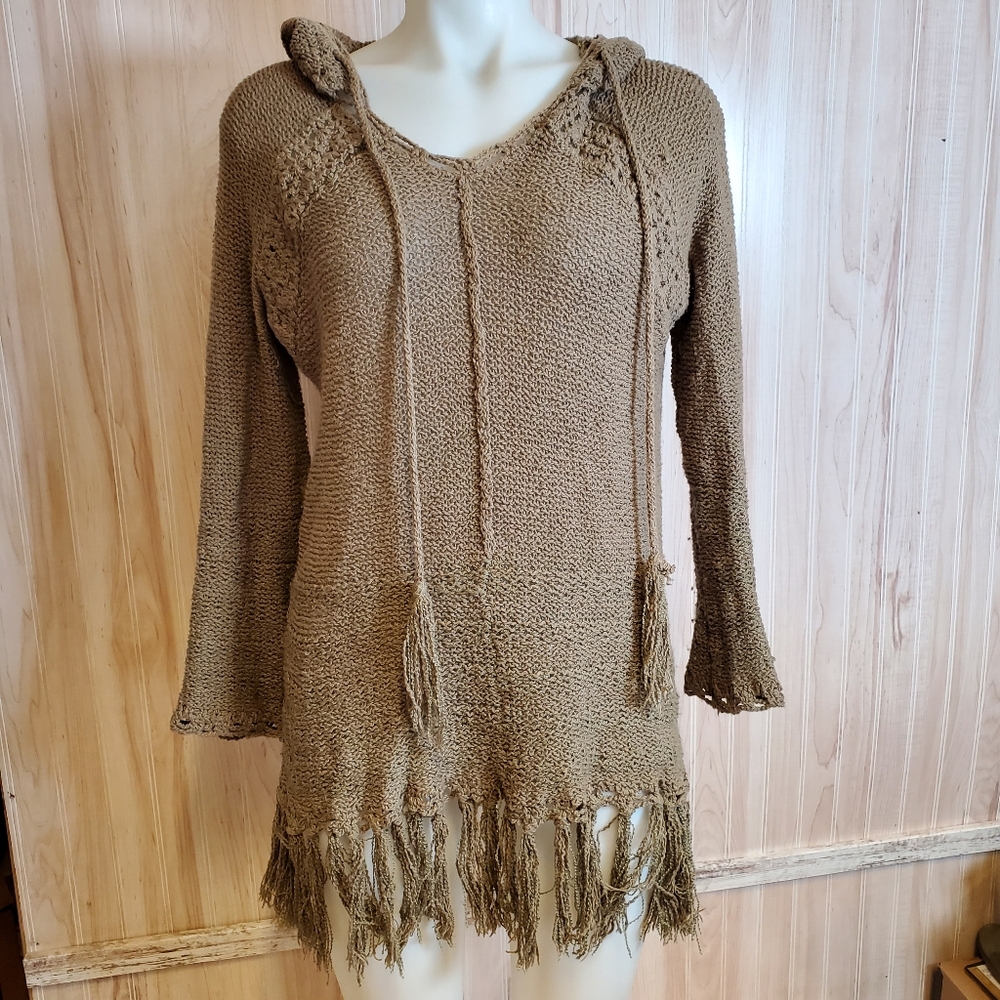 Love Stitch Olive Fringe‎ Knit Crochet Bohemian Sweater Hoodie Tunic Size S